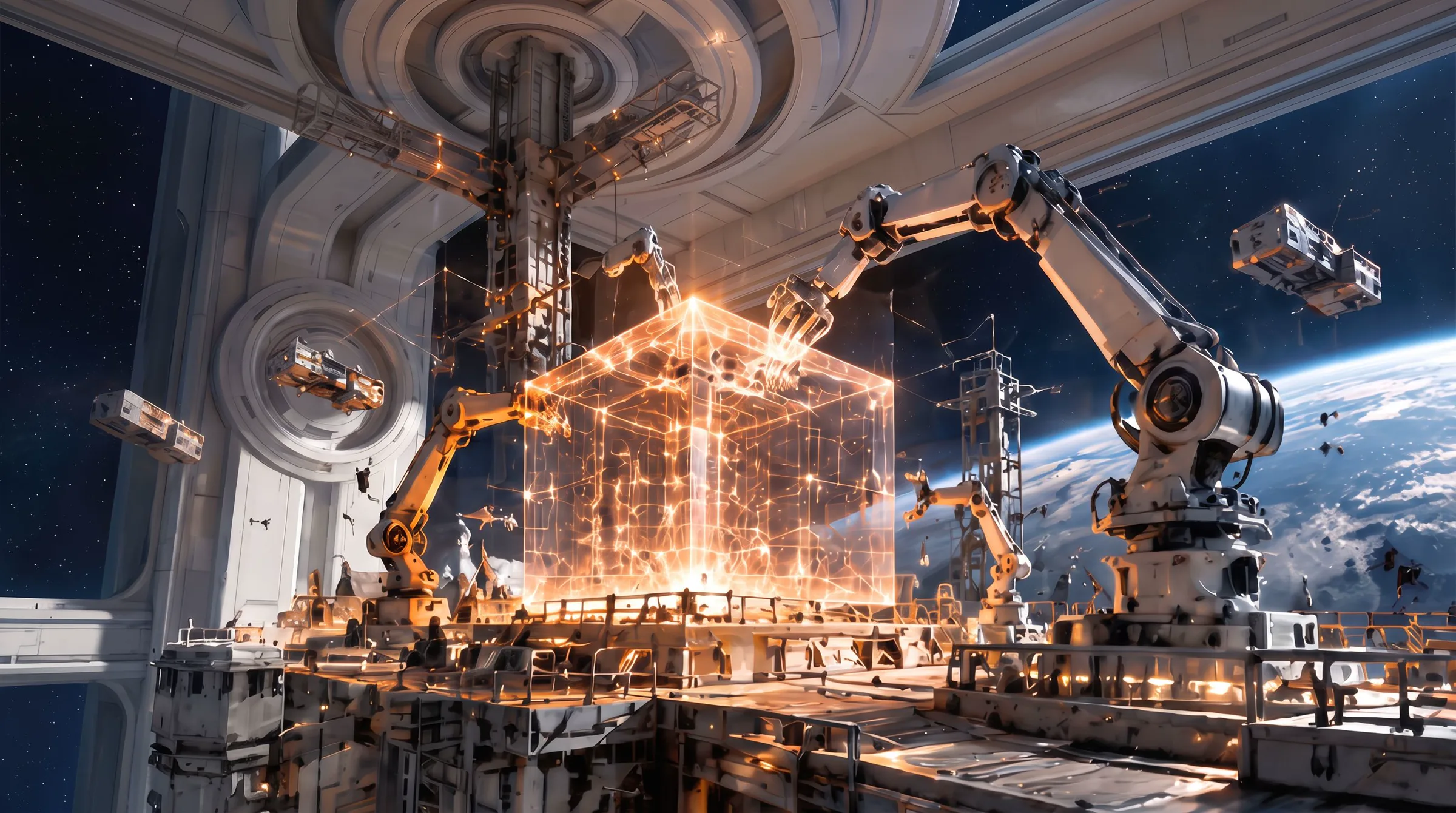 Robot arms on an orbital platform assemble a glowing glass cube above the Earth, fading into a black-and-white line drawing on the left.