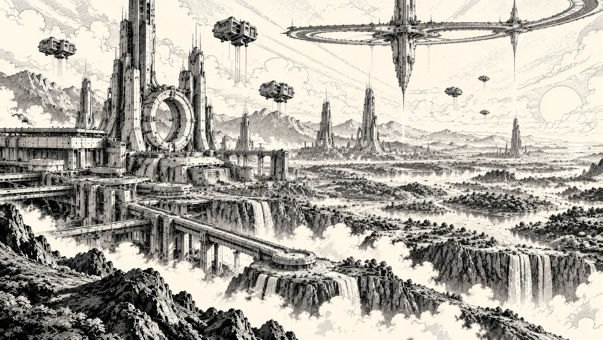 Black-and-white line drawing of a vast cliffside machine-city: a ring gate, spired towers and long bridges, with floating habitats above the clouds.
