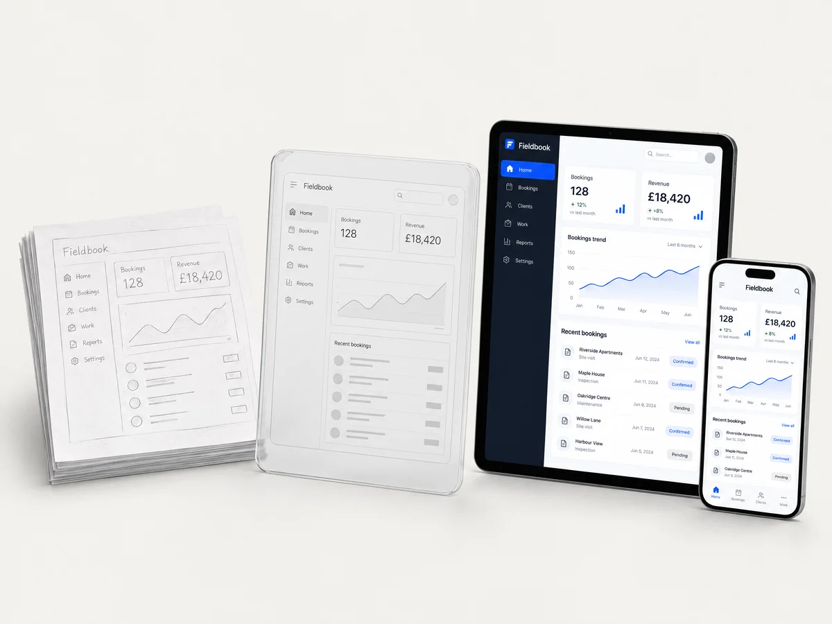 Faint sketch-paper wireframes of an app on the left turning into a finished tablet and phone dashboard on the right.