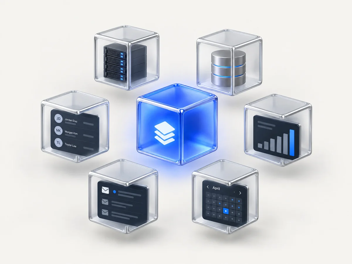 Six glass cubes holding a server, a database, contacts, a chart, an inbox and a calendar, arranged round a glowing blue cube.
