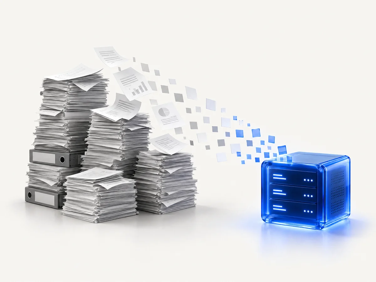 Stacks of paper documents breaking up into blue squares that stream into a glowing blue server cube.