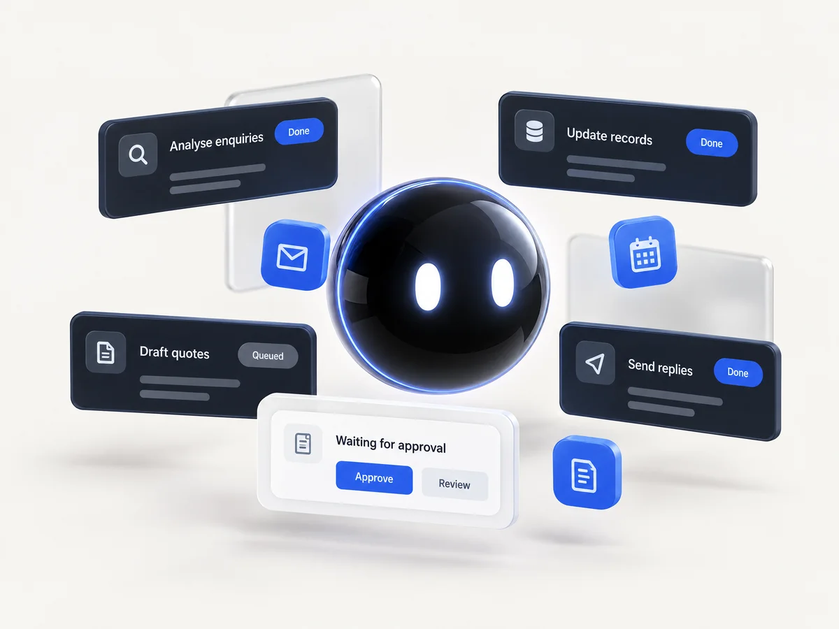 A glowing black orb with two eyes, ringed by task cards that read analyse enquiries, update records, draft quotes, send replies and waiting for approval.