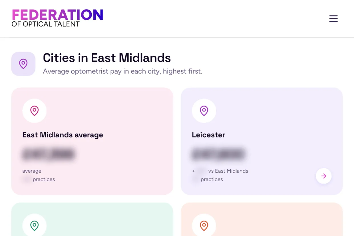 FOT city cards: optometrist pay and practice counts by city, figures blurred